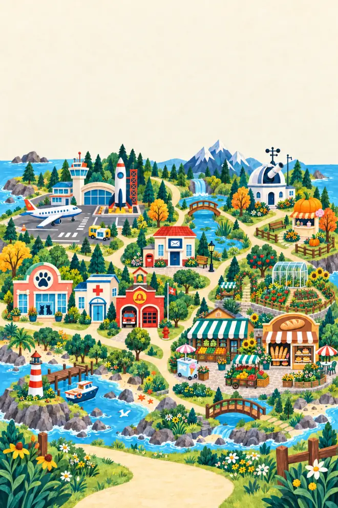 A continuous illustrated neighborhood of pretend places, with a clinic, grocery shop, bakery, post office, airport and observatory